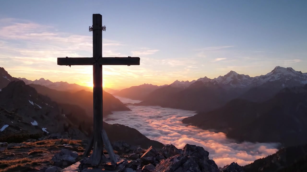 Majesteettinen auringonnousu tyynen vuoriston yllä, risti kehystämässä, vangiten luonnon kauneuden ja rauhallisuuden aamun valossa