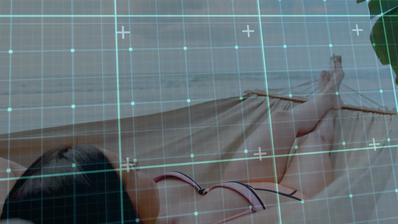 Woman reclining on hammock over ocean, with grid overlay opening and leaf entering for technology