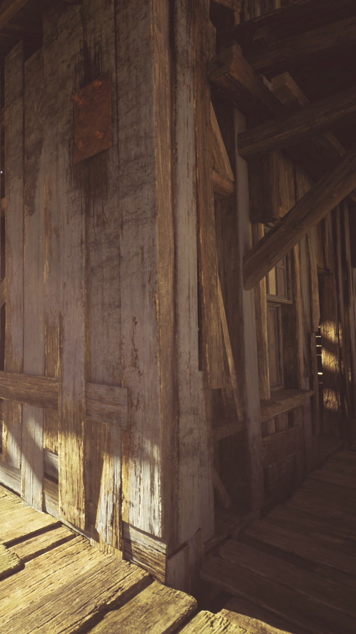 Rustic wooden structure with intricate beams and warm golden light at sunset