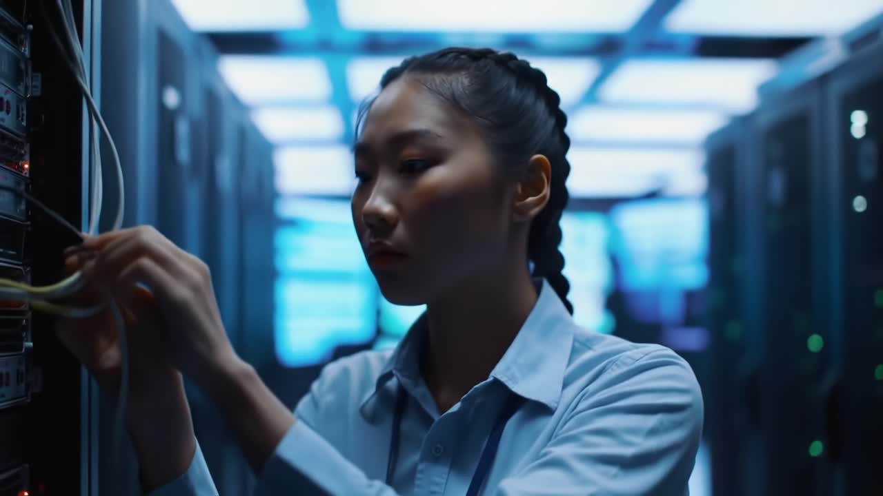A focused technician in a data center meticulously manages server connections while ensuring optimal performance, highlighting the diligent work behind technology infrastructure