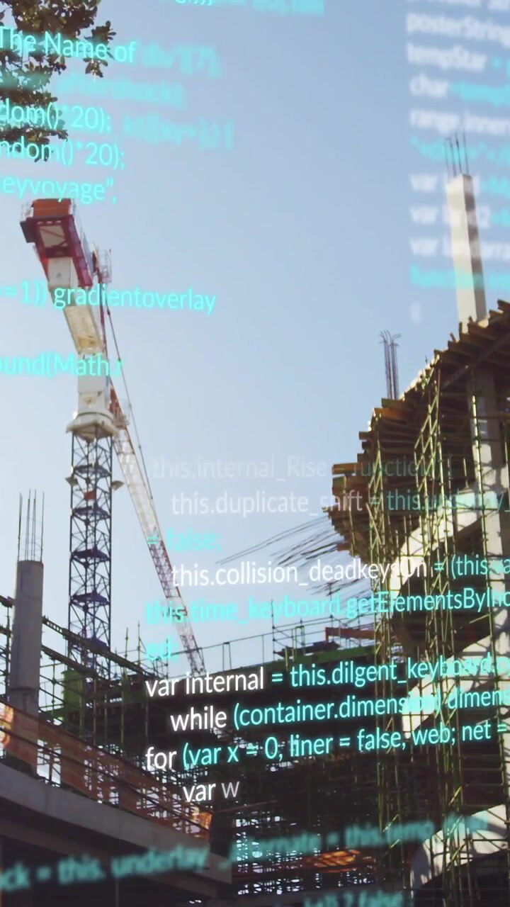AR overlay activating, scaffold visualizing data, cyan code drifting and obscuring crane