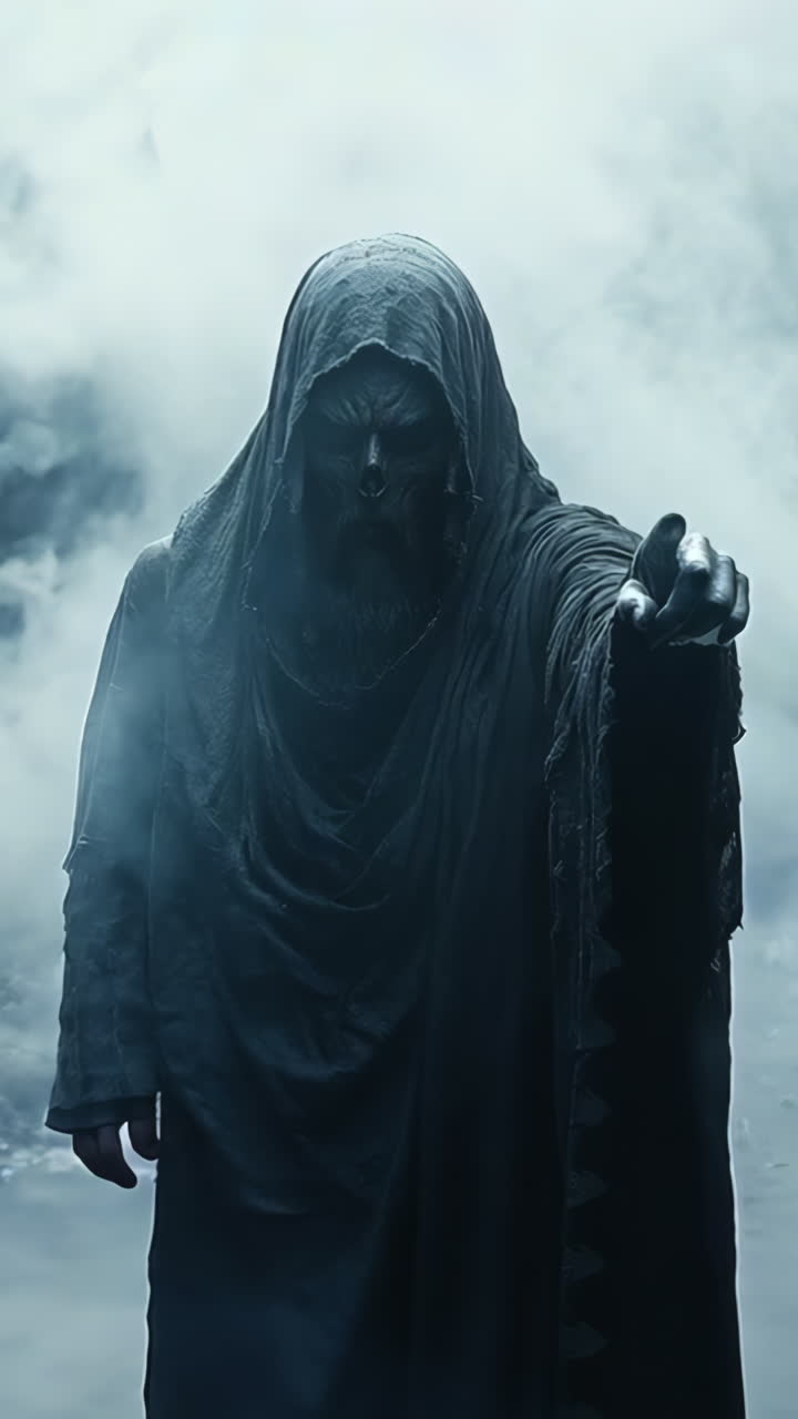 A creepy figure with a long robe and a pointed finger is pointing to the sky. The sky is filled with smoke and the figure is surrounded by a dark, ominous atmosphere