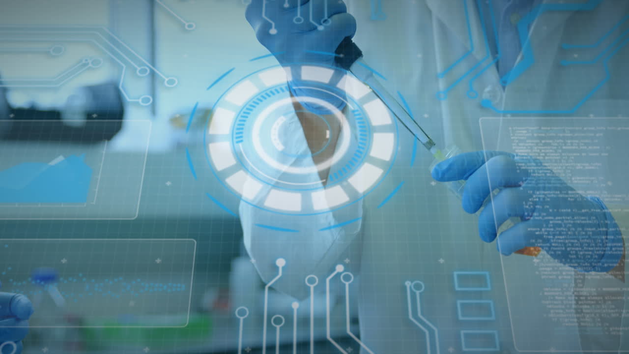 데이터 처리 및 스 스캔의 애니메이션: 표본을 채취하는 카우카스 과학자