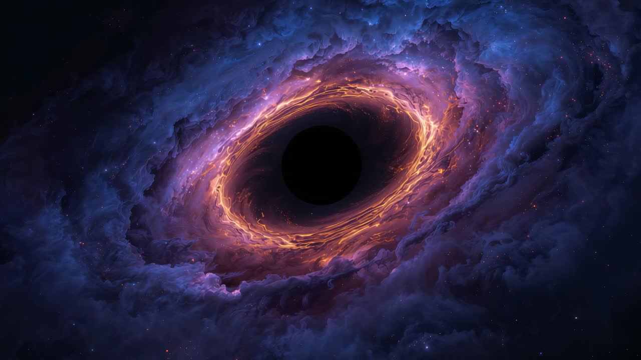 Spinning accretion disk circling dark void under gravity in space, with glowing plasma ring
