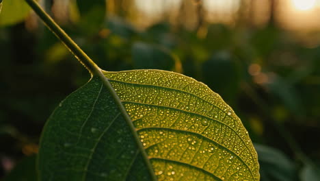 forest sunlight and dew-covered leaf