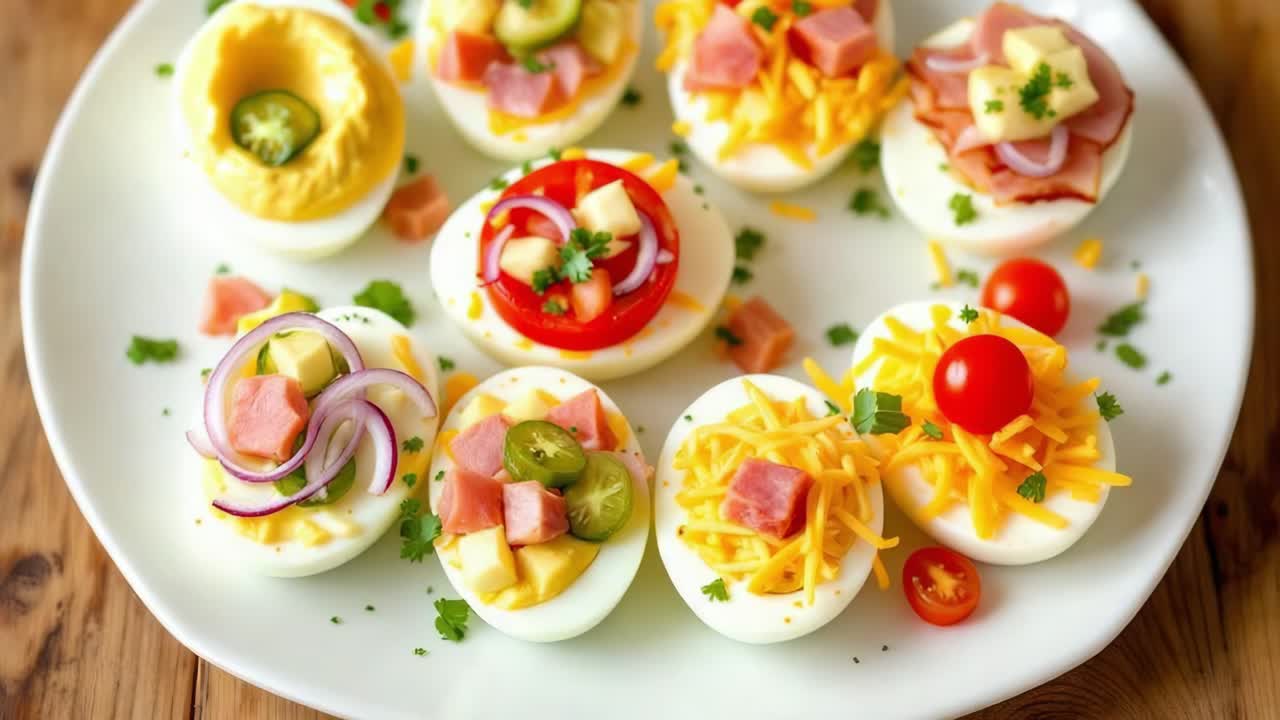 Colorful platter featuring deviled eggs, each uniquely decorated with toppings like cheese, ham, and vegetables, arranged artistically on a white plate, showcasing culinary creativity and presentation