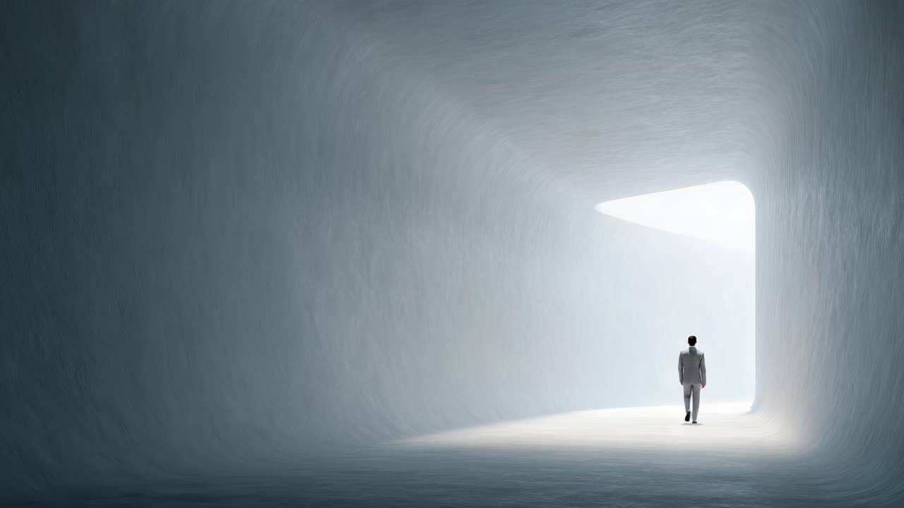 A Solemn Figure Walking Alone Through a Tunnel of Light with a Smooth, Textured Interior, Symbolizing Journey, Discovery, and Hope in an Ethereal Space