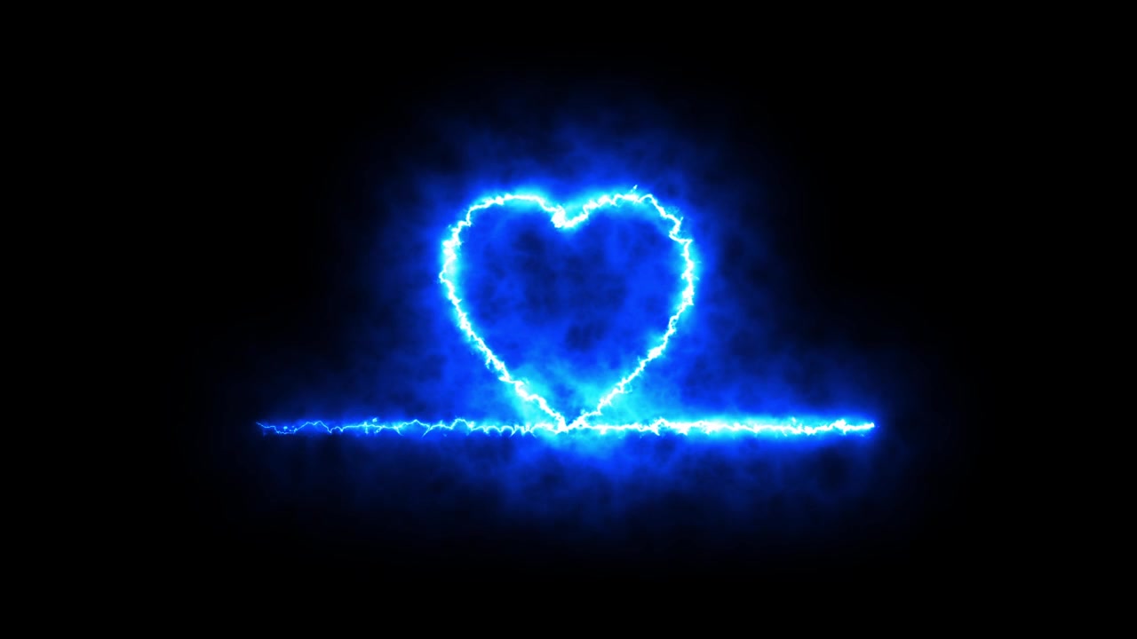 Linea astratta colorata a forma di cuore, simbolo neon fiammeggiante su sfondo nero. Linea neon del battito cardiaco con movimento luminoso