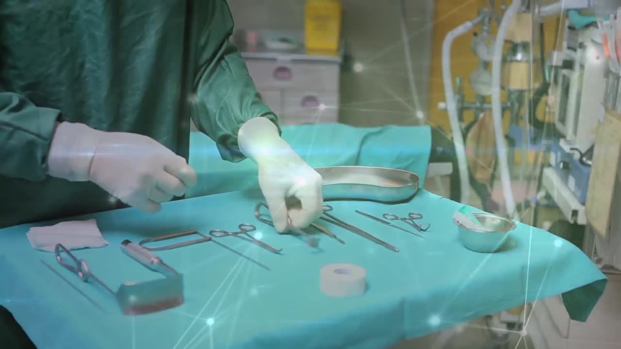 의료 장비를 검사하는 외과 의사의 중간 섹션에 대한 연결 네트워크