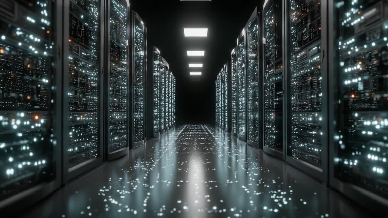 A Captivating Glimpse into a High-Tech Data Center Featuring Rows of Gleaming Server Racks Illuminated by Ambient Lights and a Shine on the Floor
