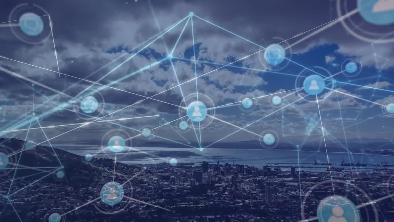 animación de la red de conexiones con iconos sobre el paisaje urbano