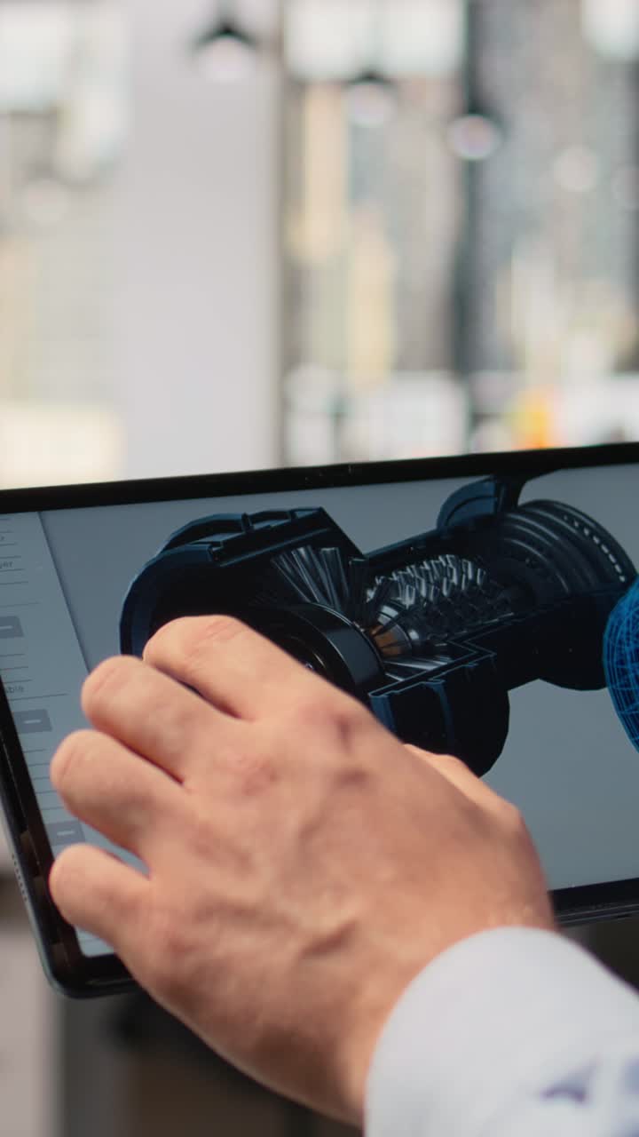 Close up of engineer using CAD app on tablet to make wind turbine more sustainable