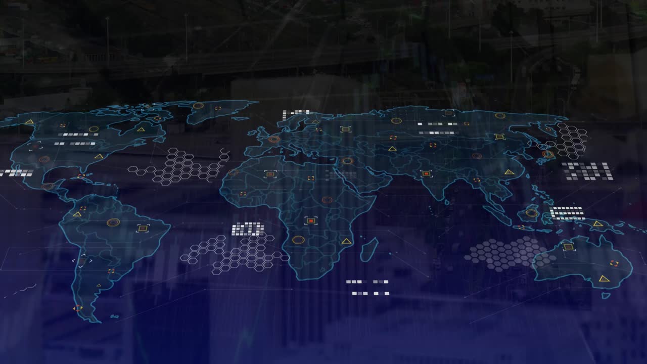 animación del mapa del mundo y procesamiento de datos frente a una vista aérea del paisaje urbano