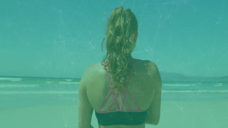 woman in sportswear facing ocean with network connections animation overlay