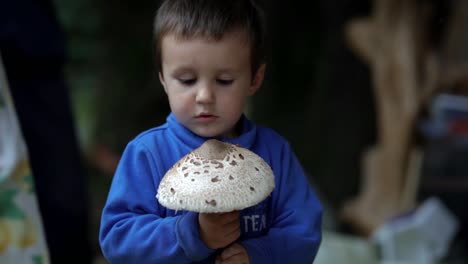 a little caucasian boy rotates his head while holding a huge flat mushroom, slow motion