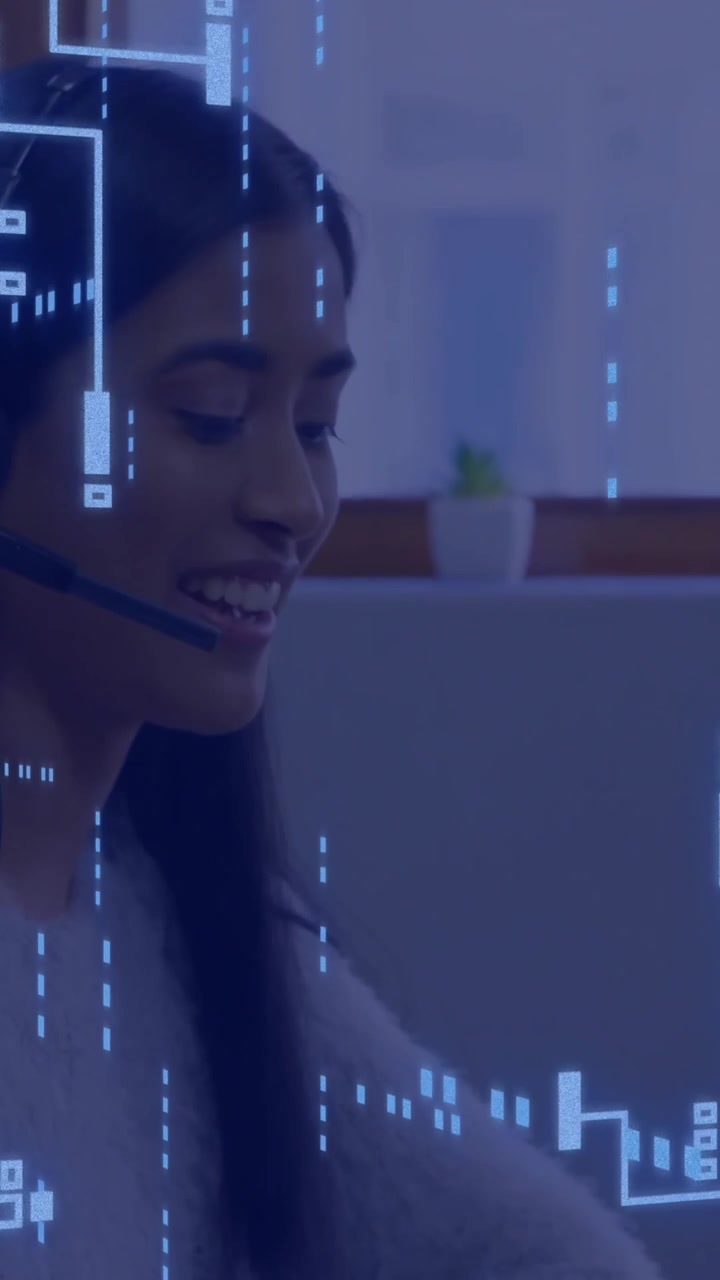 Representantes de atendimento ao cliente trabalhando com fone de ouvido, com sobreposição de animação de rede digital