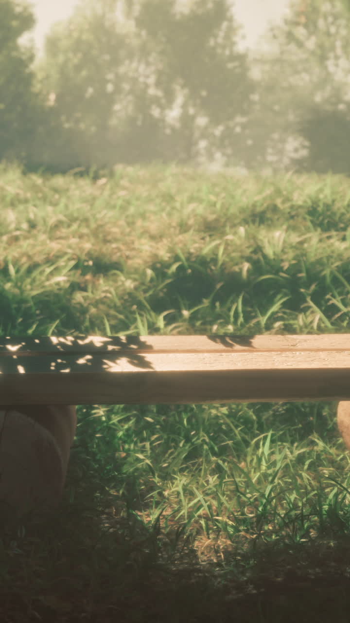 Peaceful wooden bench under sunlight in a tranquil forest setting