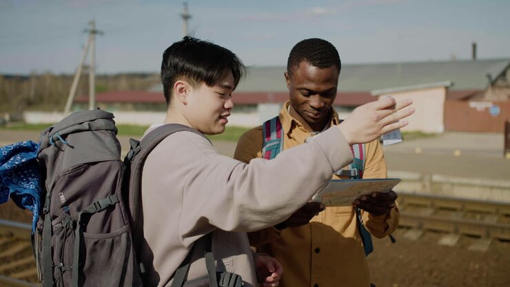 Friends looking the map