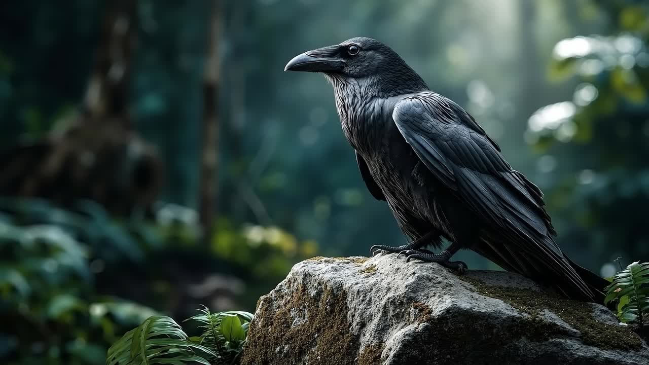 A black bird sitting on top of a rock in the woods