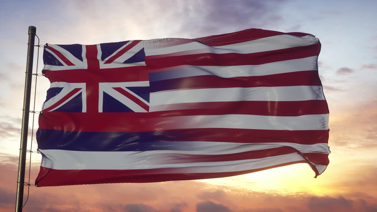 하와이와 미국 발은 발 기둥에 있습니다. 미국과 하와이의 혼합 발이 바람에 흔들리고 있습니다.