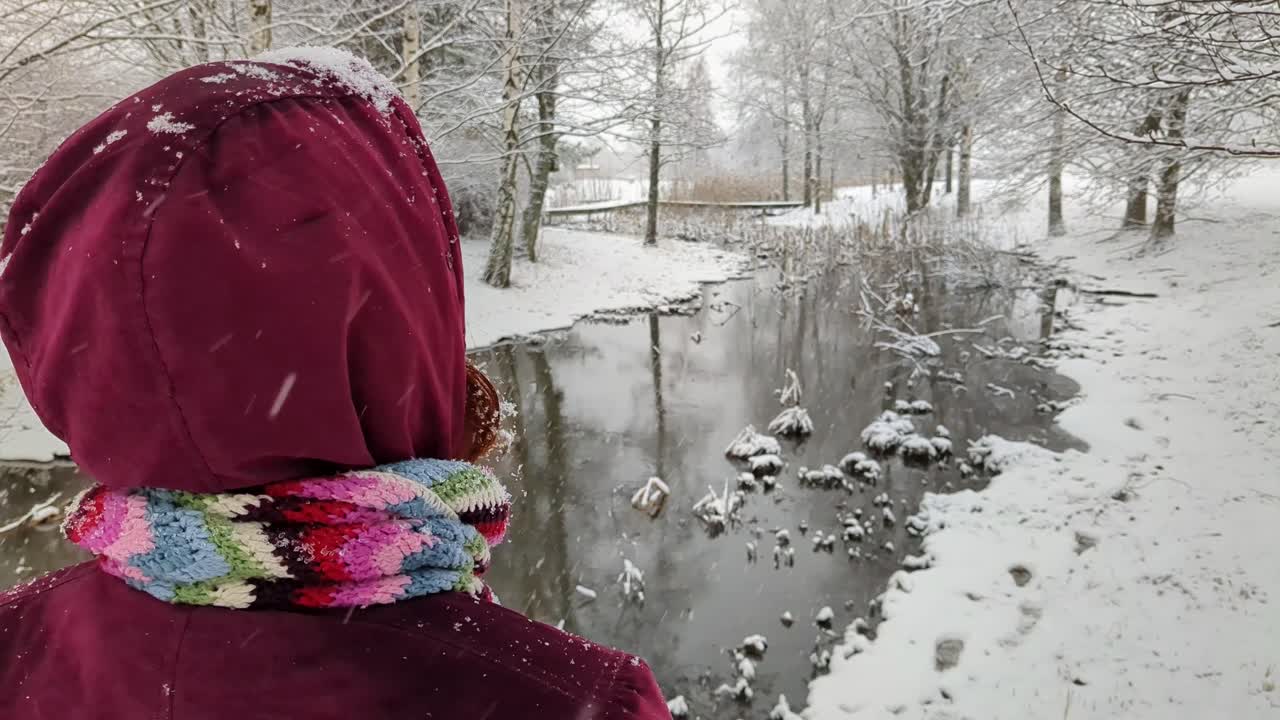 Woman looking at snowy river scenery on winter day, back view, snowing winter nature