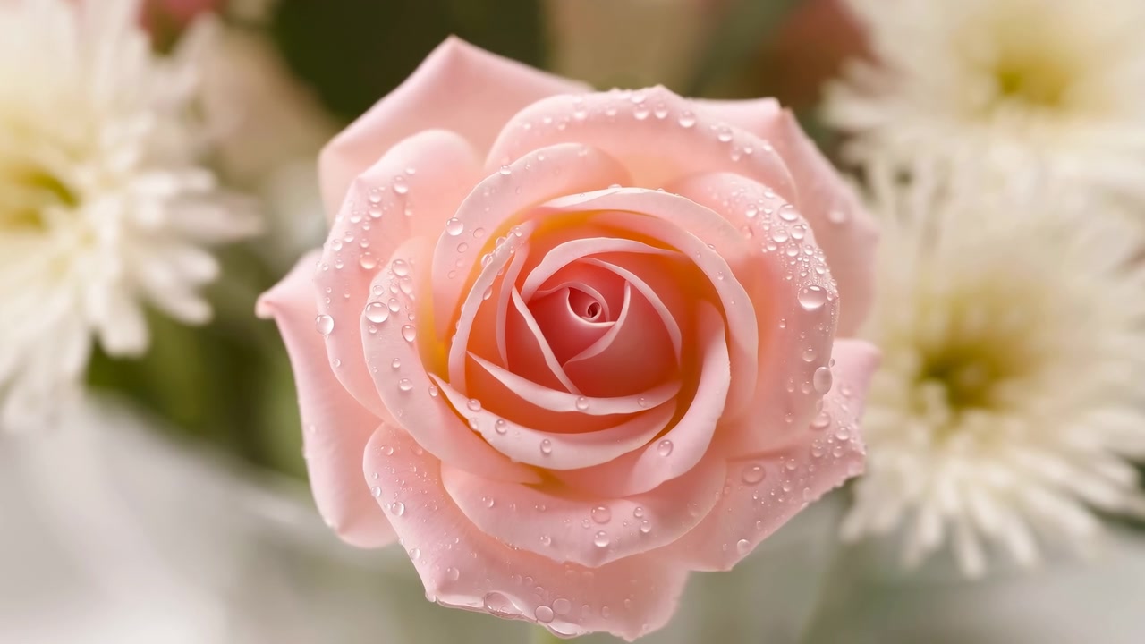 Macro primo piano di una singola rosa rosa pallido coperta di goccioline d'acqua, centrata nell'inquadratura. Petali a spirale stratificati sono nitidamente a fuoco nel medio primo piano.