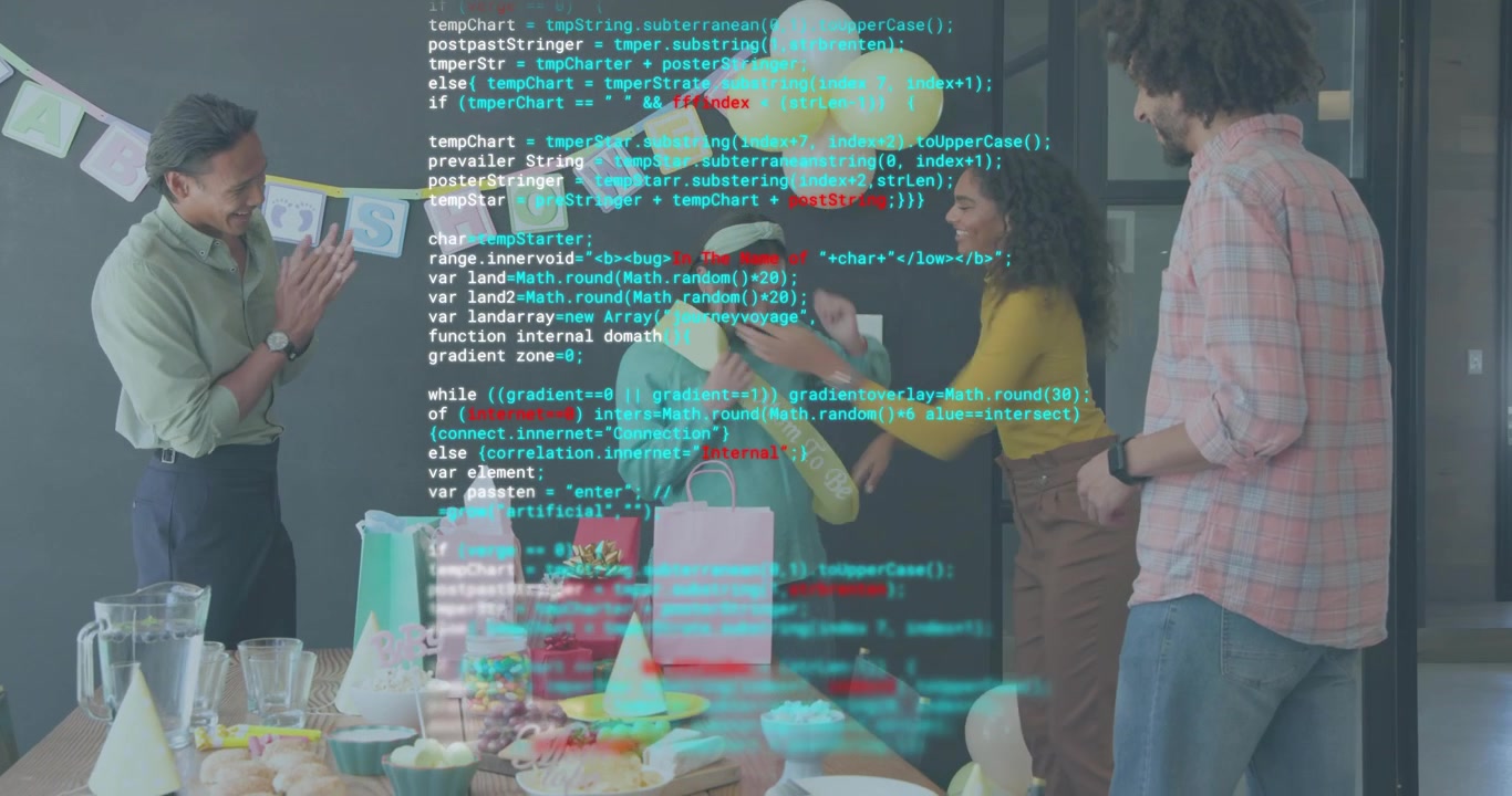 Coworkers handing hat sparking code overlay while celebrating birthday gift opening at tech office
