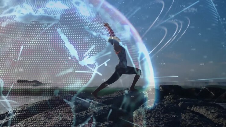 Animace zářící globální sítě nad ženou cvičící na pláži při západu slunce