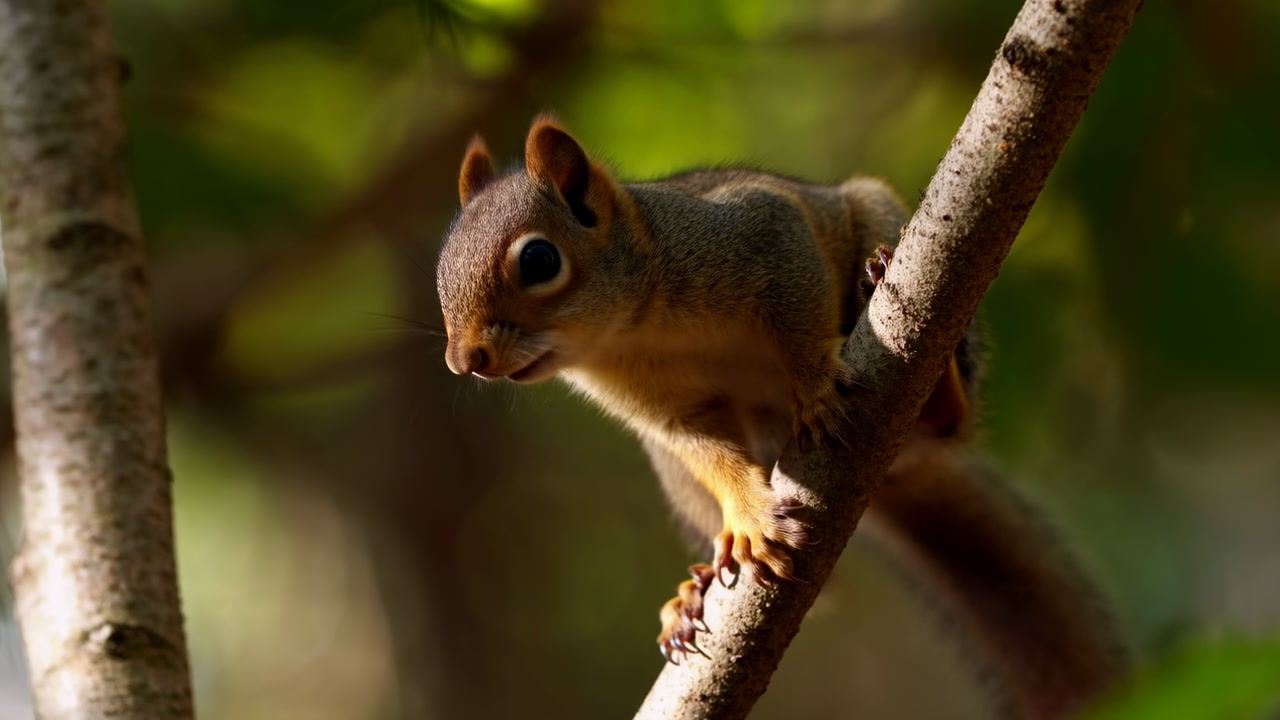 Squirrel On Birch Branch In Forest Peering Toward Camera, Soft Morning Sunlight Filtering Through Green