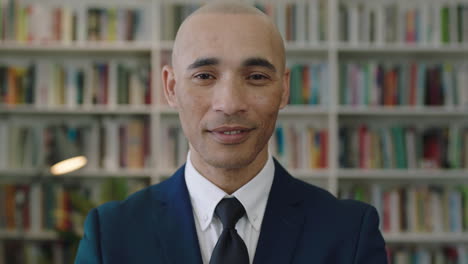 close up portrait of  bald hispanic businessman looking at camera standing library bookshelf in background