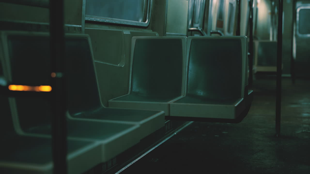 Interni silenziosi della metropolitana nelle ore tarde, con sedili vuoti e illuminazione soffusa