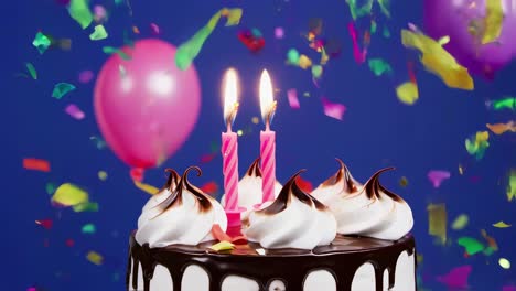confetti cascading over delectable birthday cake, featuring two glowing candles and pink balloons against vibrant blue background, capturing festive celebration moment