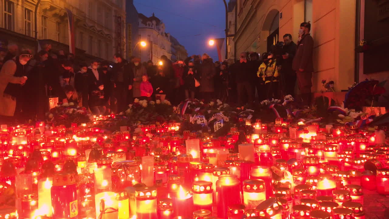 Czech people worship a 17th November of 1989, Velvet revolution holiday.Lighting candles in Prague,Narodní třída,Czechia.