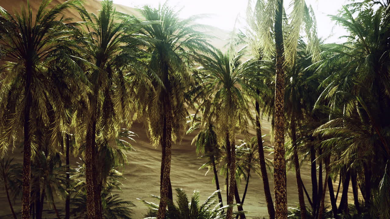 Palms swaying in the warm desert breeze under bright sunlight