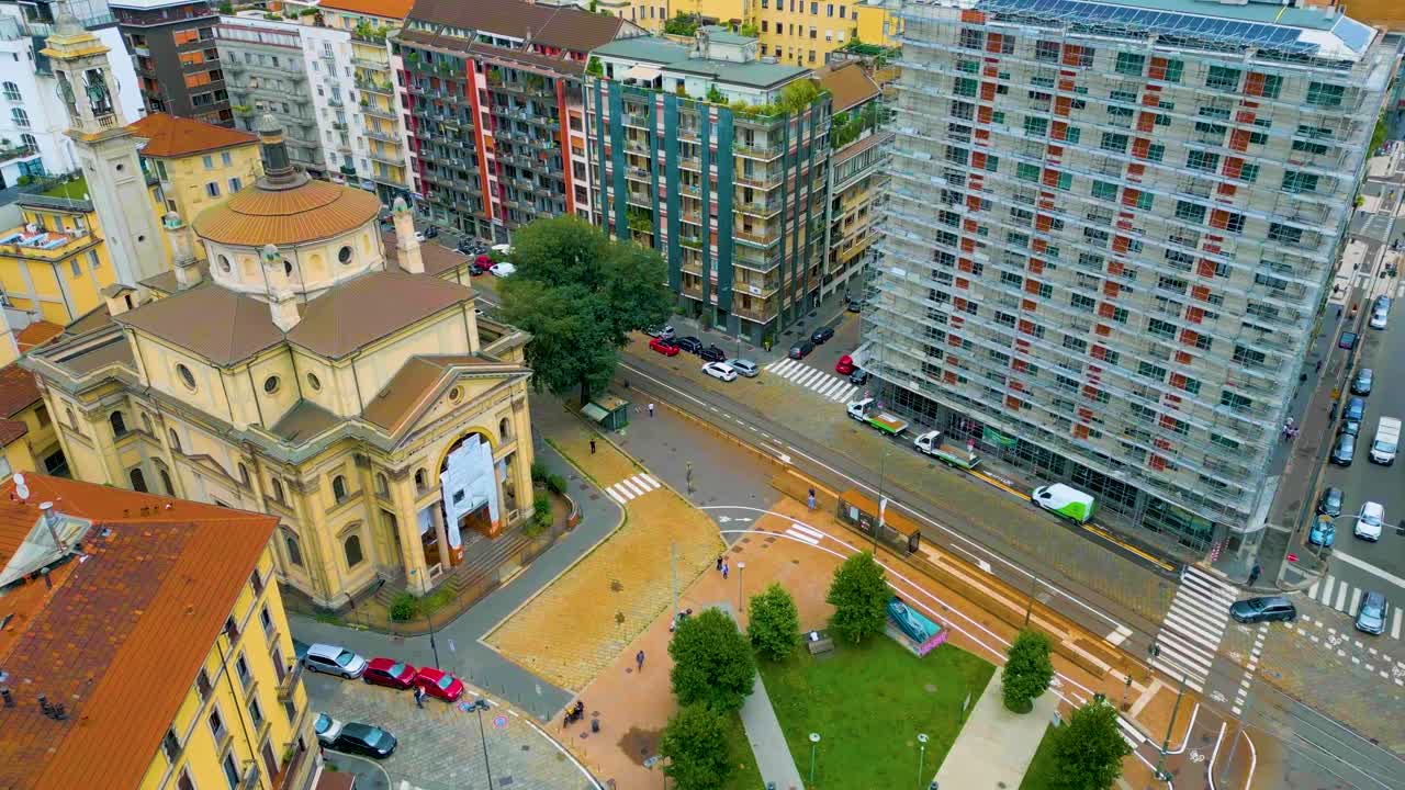 4K Aerial Drone Video of the Historic Church of Saint Joachim in Milan, Italy on a Summer Day