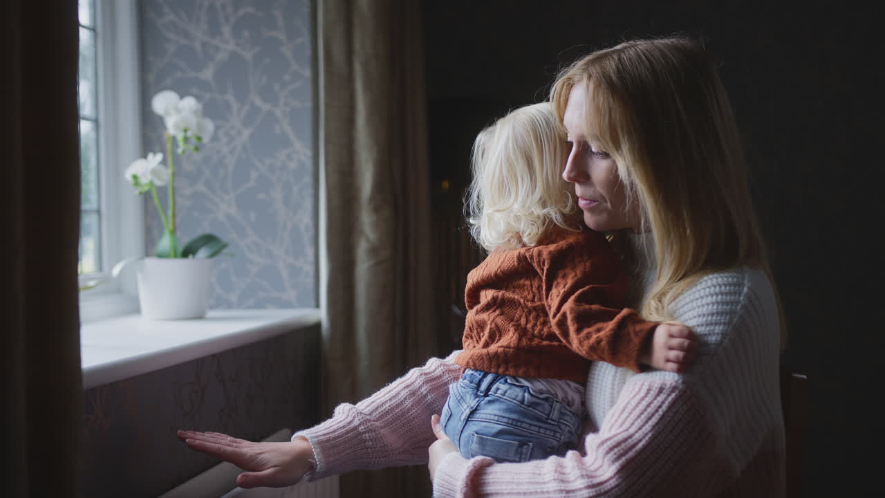 어머니는 아들을  ⁇ 안고 생활 비용 에너지 위기 동안 집에서 라디에이터에 의해 따뜻하게 유지하려고합니다.