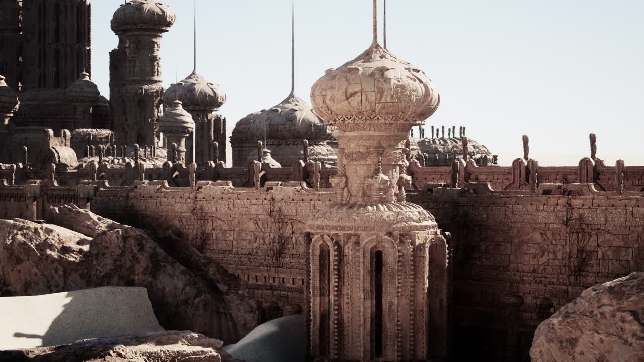 사막에 있는 돌탑과 이 있는 환상적인 도시