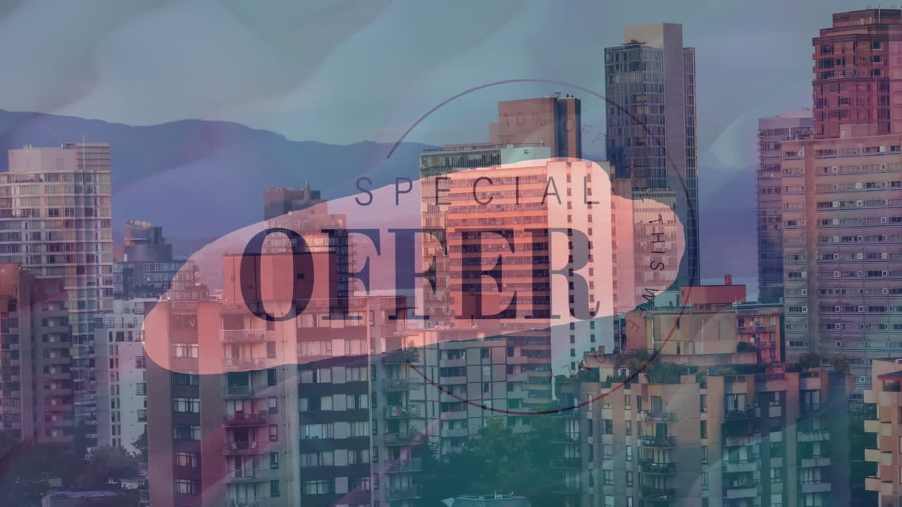 composición digital de un banner de texto de oferta especial contra una vista aérea del paisaje urbano