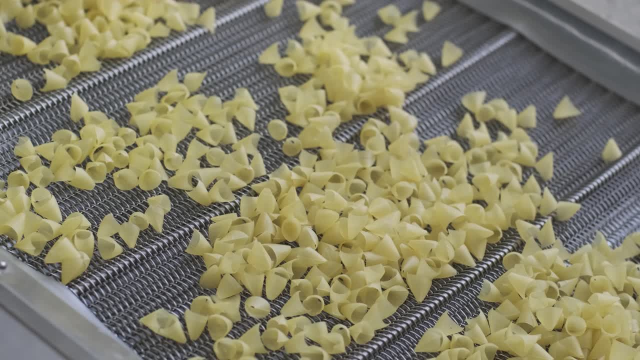 la línea de producción de la fábrica mueve las papas fritas doradas después de freírlas, en cámara lenta.