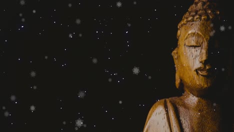 Animation-Von-Schnee,-Der-über-Buddha-Auf-Schwarzem-Hintergrund-Fällt