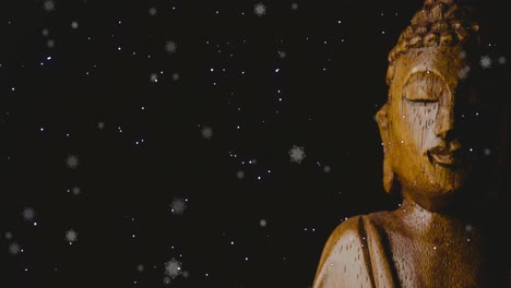 animation of snow falling over buddha on black background