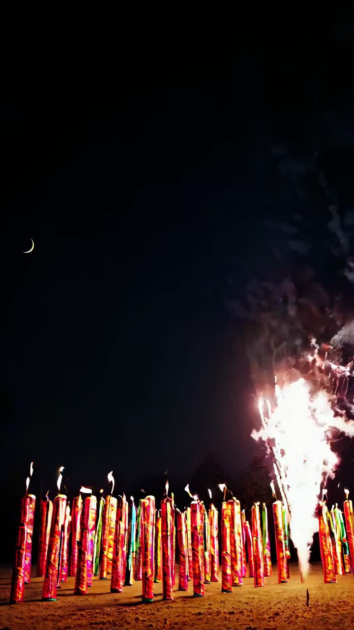 Low-angle shot capturing vibrant fireworks against a night sky, with a crescent moon visible