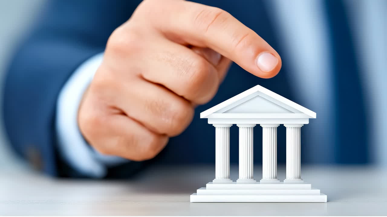 Trust in secure investments. A person is placing a small classical building model on a table, symbolizing investment and trust in finance