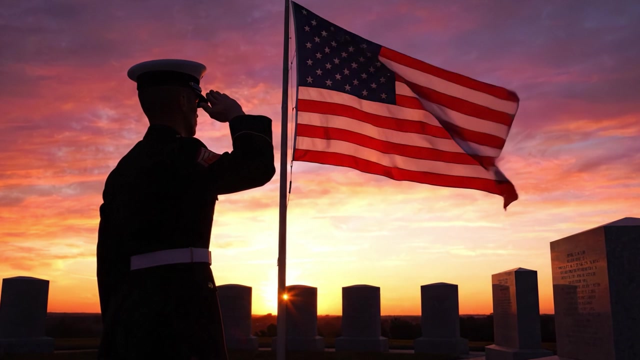 Un omaggio solenne: un marine che saluta la bandiera americana al crepuscolo, simboleggiando onore e sacrificio sullo sfondo di un tramonto vivido in un contesto commemorativo