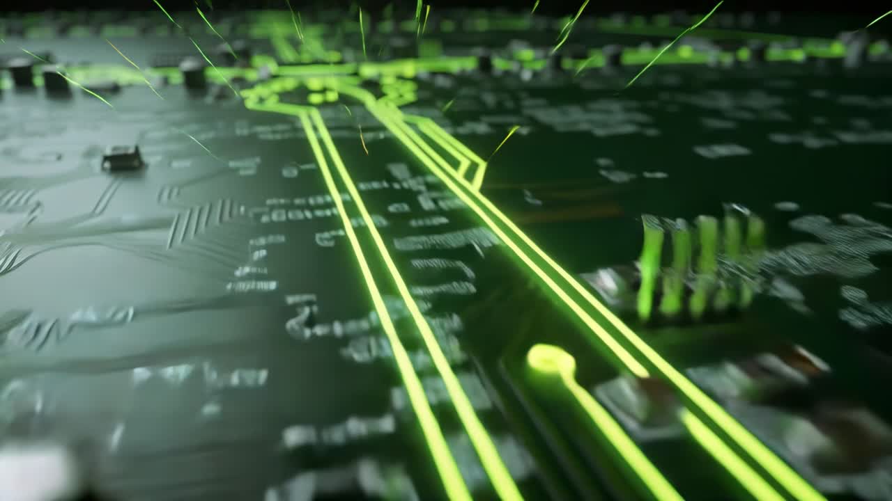 Camera pulling back from PCB on dark table, IC pulsing neon traces, sparks initiating visualization