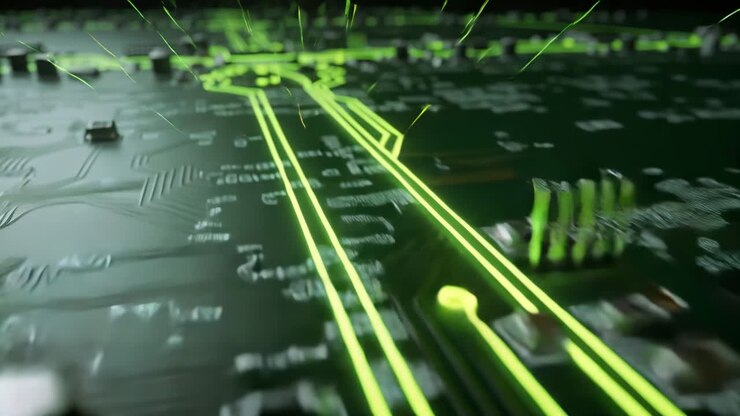 Camera pulling back from PCB on dark table, IC pulsing neon traces, sparks initiating visualization