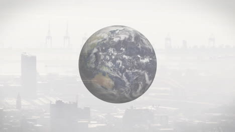 floating earth over cityscape with industrial buildings in animation style