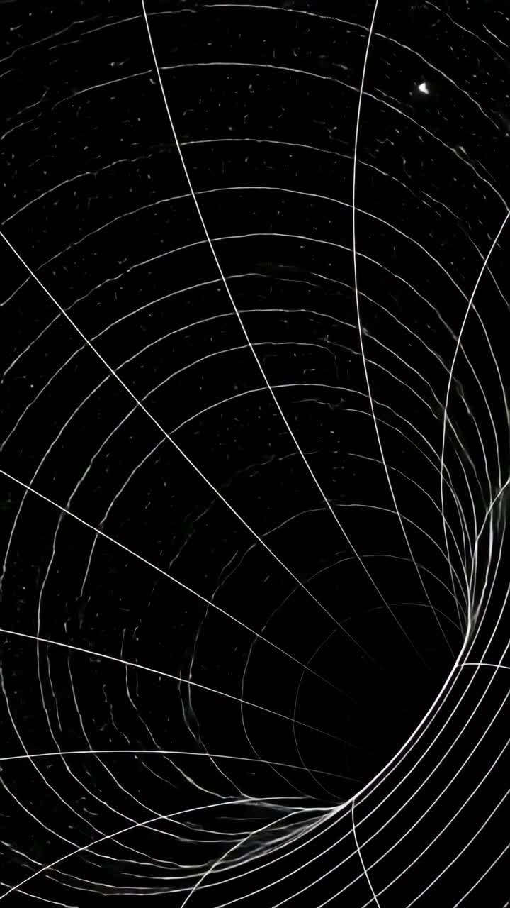 Dynamic video concept of a black hole with white grid lines spiraling inward