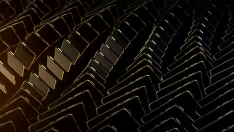 los teléfonos inteligentes con botones dorados se mueven y giran en filas, luz roja. bucle infinito. movimiento abstracto de teléfonos, imagen de fondo para subtítulos de texto. fondo de lujo caro. patrón dorado y negro.