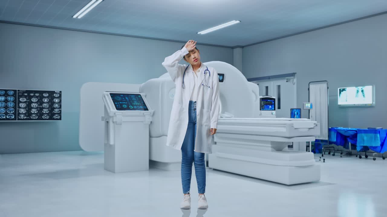 Full Body Of Tired Asian Woman Doctor With Stethoscope Standing With Mri Machine In The Hospital